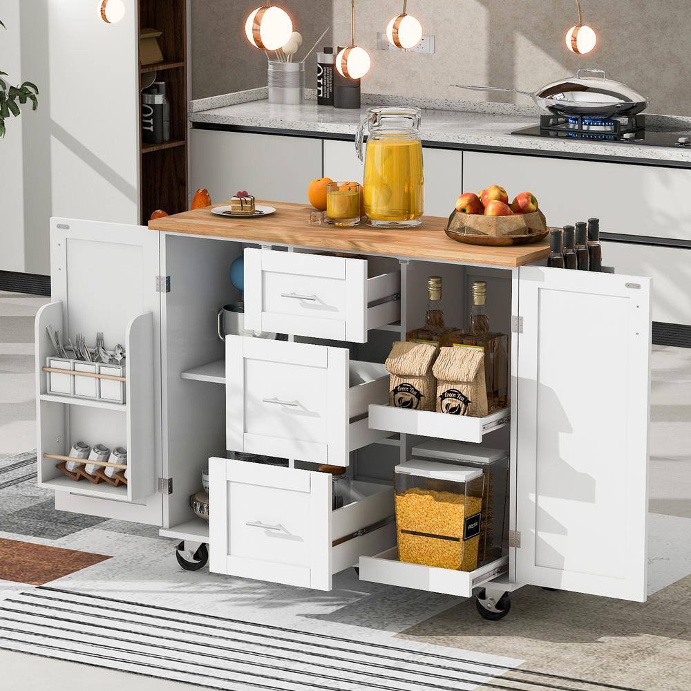 White Wooden 51.49 in. Rolling Kitchen Island Kitchen Cart with 3-Drawer, 2-Slide-Out Shelf, Spice Rack and Tower Rack -  FUNKOL, LHKitchIsland-B