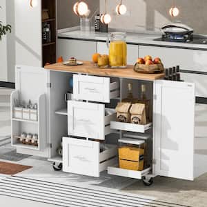 White Wooden 51.49 in. Rolling Kitchen Island Kitchen Cart with 3-Drawer, 2-Slide-Out Shelf, Spice Rack and Tower Rack