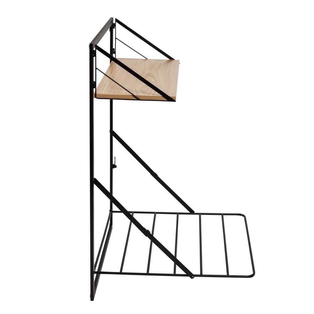 Black and Maple Wall-Mounted Folding Drying Rack with Shelf