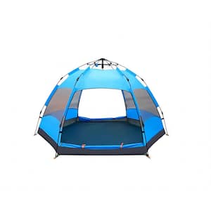 6-People to 9-People Blue Automatic Hexagonal Tent Multi-Person Double-Layer Outdoor Camping Rain Tent