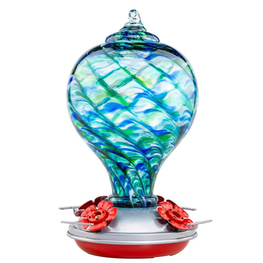Convenient Blue Mermaid Glass Hanging Humming Bird Nectar Feeder-32 oz. wit