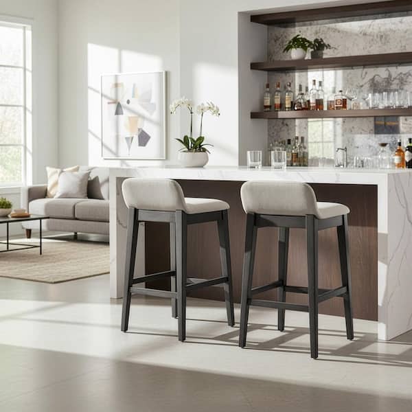 Atia Black Rubberwood Bar Height Barstool with Low Back Fabric Seat (Set of 2)