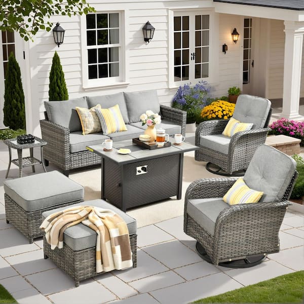 Elvira 7-Piece Wicker Patio Rectangular Fire Pit Set with Dark Gray Cushions and Swivel Rocking Chairs