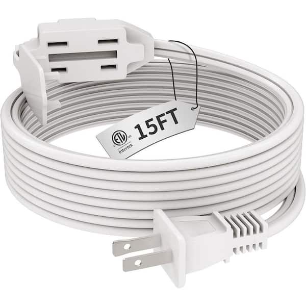 15Ft. 16/2 Heavy Duty Indoor Extension Cord with 2 Prong, 3 Polarized Outlets Safety Cap Protect for Home Office, White