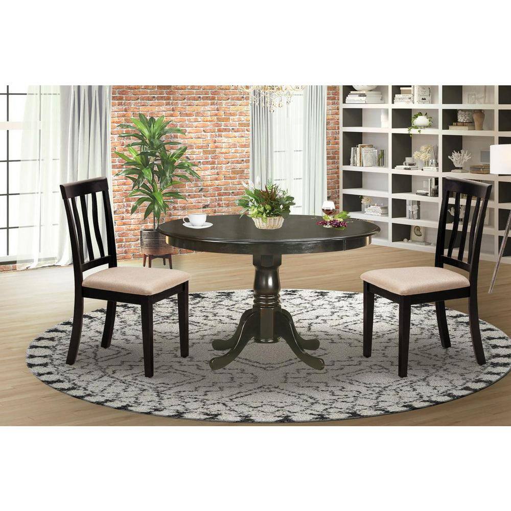Cappuccino Wood Round Dining Table with Beige Upholstered Chairs