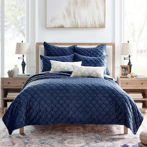 Navy Velvet 3-Piece Navy Class Diamond Quilting Microfiber Full/Queen Quilt Set