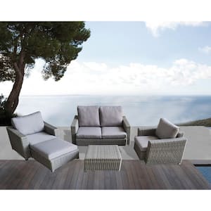 5-Piece Light Gray Wicker Outdoor Sectional with White Cushions