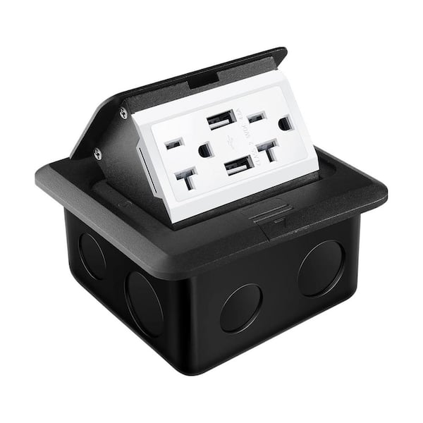 Black 20A Weatherproof, Tamper Resistant Pop up Floor, Counter Top Outlet Kit with 2-Outlets. 2 USB-A Ports - (1-Pack)