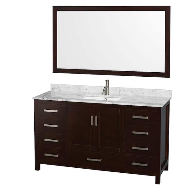 Wyndham Collection Sheffield 60 in. Vanity in Espresso with Marble Vanity Top in Carrara White and 58 in. Mirror