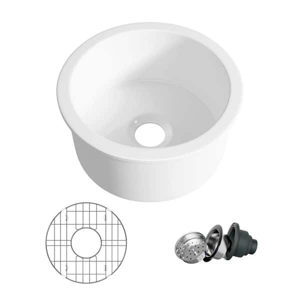 Oslo 18.5 in. Drop-In/Undermount Round Single Bowl in White Fireclay Kitchen Sink with Bottom Grid and Basket Strainer