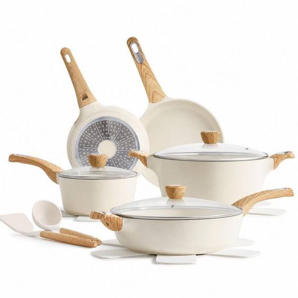 14-Piece Ceramic Non-Stick Pots and Pans Set, Non Toxic Healthy Kitchen Cooking Pots and Frying Pans Set, Ceramic White