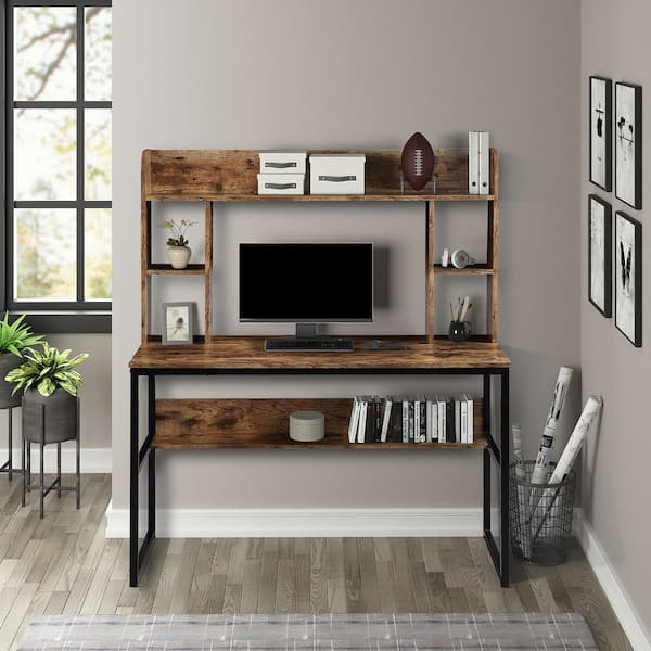 Reclaimed Wood Office Desk with Integrated Bookshelf, Multi-Functional