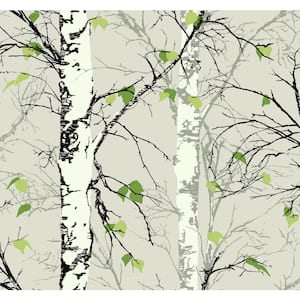 Birch Leaves Metallic Silver, Gray, and Lime Green Paper Strippable Roll (Covers 60.75 sq. ft.)