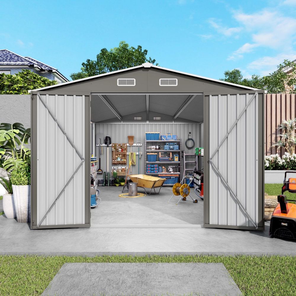10 ft. W x 14 ft. D Metal Tool Shed with Three Lockable Doors and