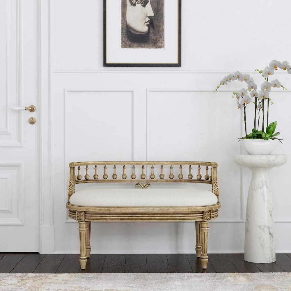 Hathaway 37" Cream Upholstered Bench with Carved Spindle Back