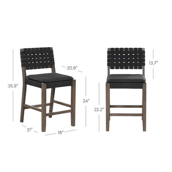 Cohen 24 in. Mid-Century Modern Wood Counter Height Bar Stool, with Woven Faux Leather Back for Kitchen, Black