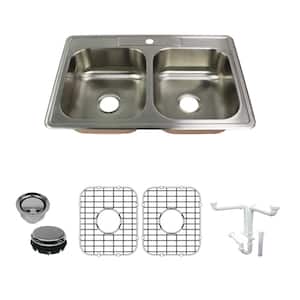 Classic All-in-One Drop-In Stainless Steel 33 in. 1-Hole 50/50 Double Bowl Kitchen Sink in Brushed Stainless Steel