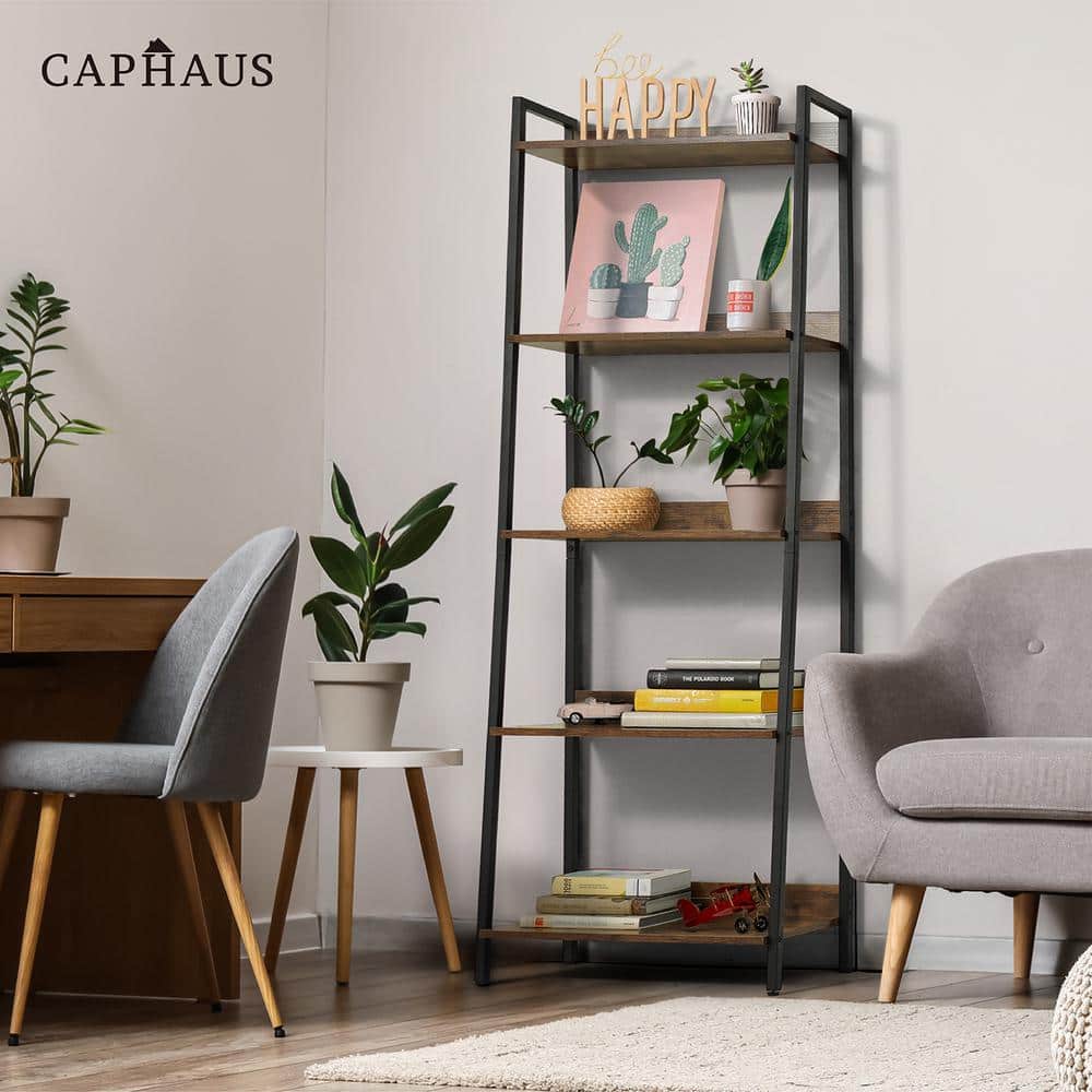 Rustic Oak and Matte Black 5-Tier Ladder Bookshelf