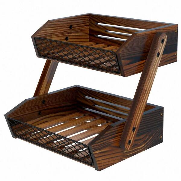 2 Tier Rustic Wooden Fruit Basket, Stackable Countertop Fruit Bowl Vegetable Bread Storage Organizer for Kitchen Counter