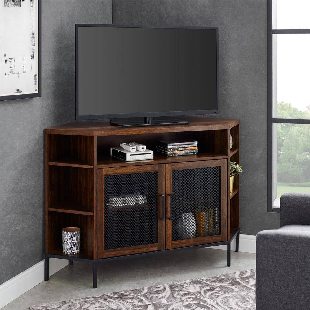 Welwick Designs 48 In Dark Walnut Composite Corner Tv Stand Fits Tvs Up To 52 In With Storage Doors Hd8188 The Home Depot