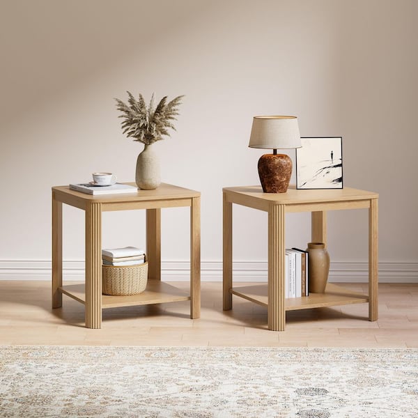 Tyler 22.1 in. Oak Square MDF Wood Top End Side Table with 2-Tier and Vertical Wave Grain Legs, Set of 2