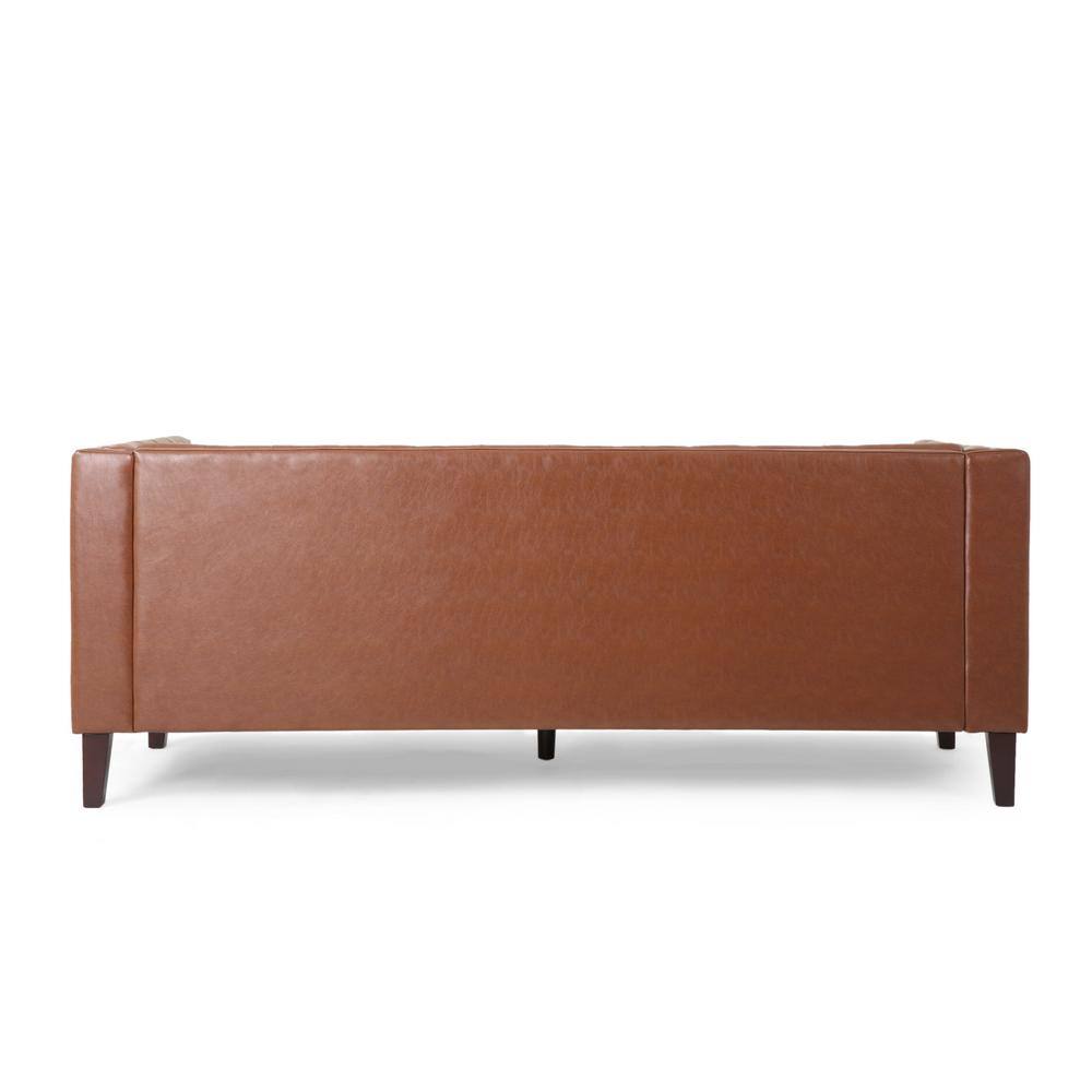 Cognac Brown Faux Leather Tufted Tuxedo Sofa with Wood Accents