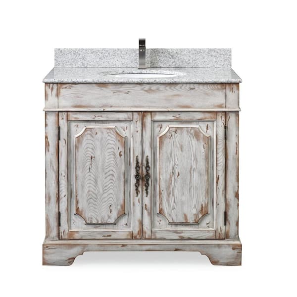 Litchfield 36 in. W x 22. in D x 35. in H Bathroom Vanity in Distressed Off White Rustic with Gray Granite Top