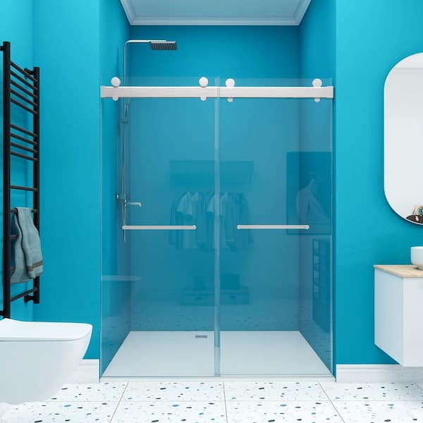 ANGELES HOME 69-72 in. W x 79 in. H Frameless Double Sliding Shower 3/8 in. (10 mm) Tempered Glass Stainless Steel Hardware in Nickel
