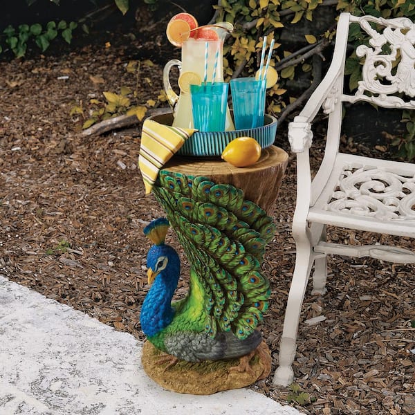 Design Toscano Provocative Peacock 22 in. H Sculptural Polyresin Outdoor Side Table