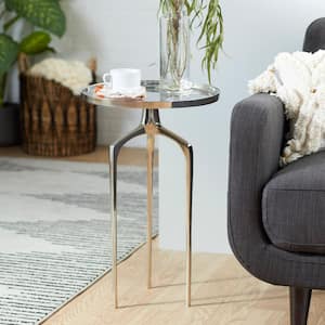 16 in. Silver Tray Inspired Top Large Round Aluminum End Accent Table with 3 Tripod Legs