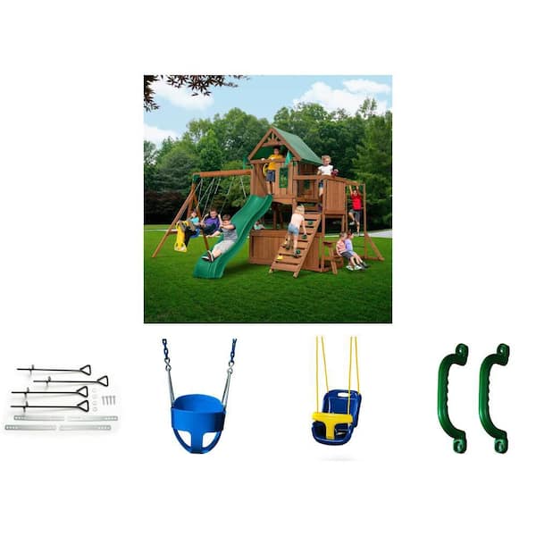 DIY Knightsbridge Playground Set with Slide, Rock Wall, Swings, Blue Infant & Full-Bucket Swings, Green Handles, Anchors