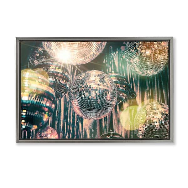 Stupell Industries Disco Balls with Bokeh by Graffi*tee Studios Gray Floater Frame Music Graphic Art Print 21 in. x 31 in.