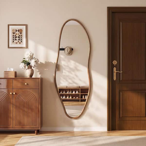 55 in. H x 18 in. W Large Irregular Wall Mirror, Solid Walnut Wood Full Length Mirror, Asymmetrical Full Body Mirror