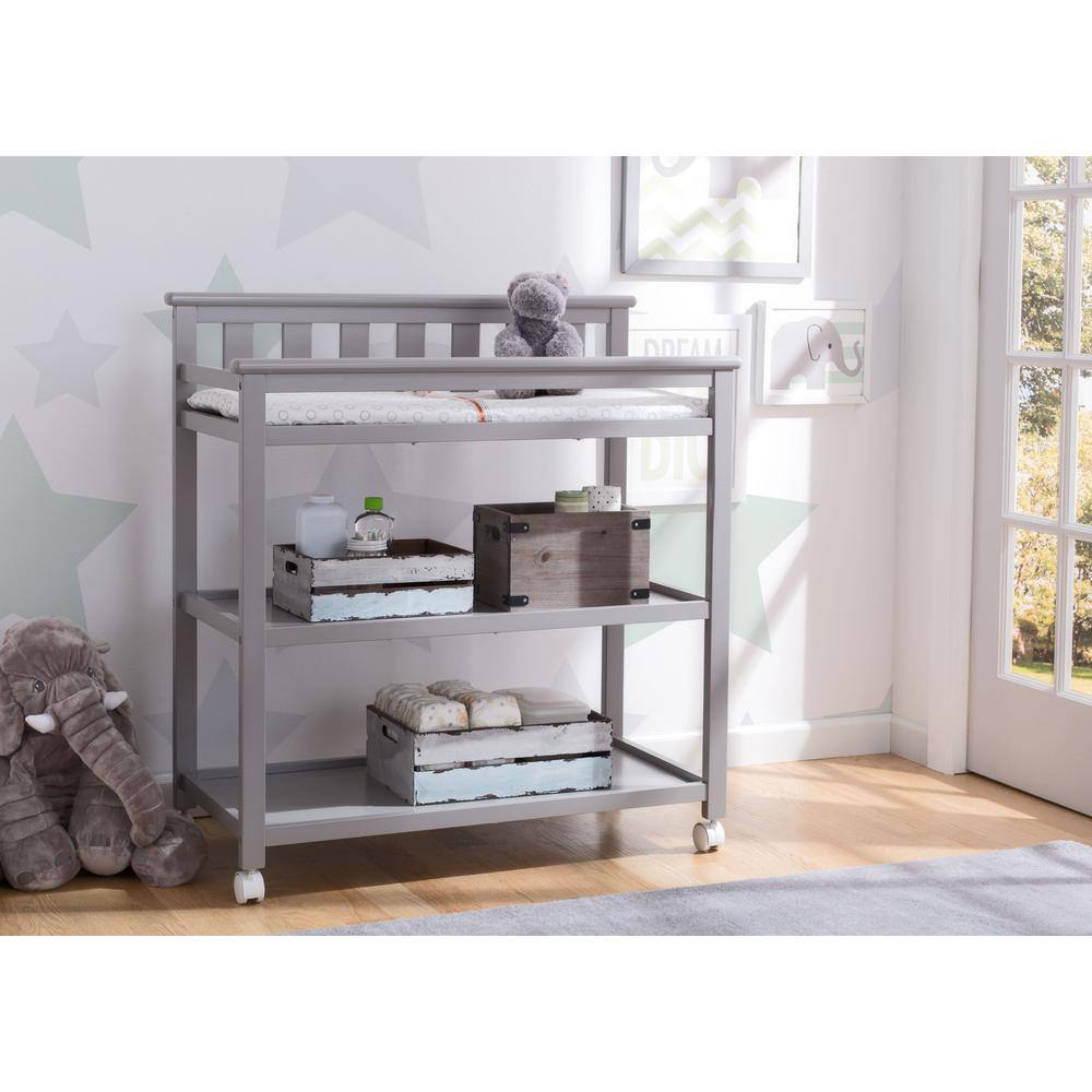 Gray Wood Changing Table with Wheels and Safety Strap