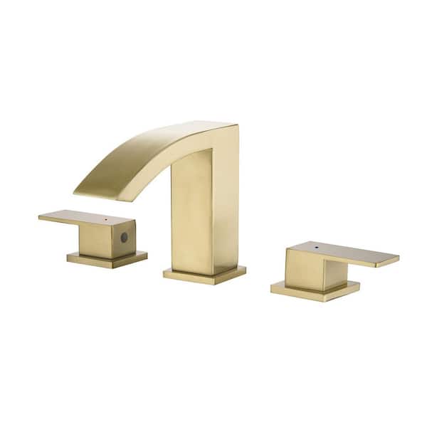 8 in. Widespread Double Handle Mid Arc Bathroom Faucet with Drain Kit Included in Brushed Gold