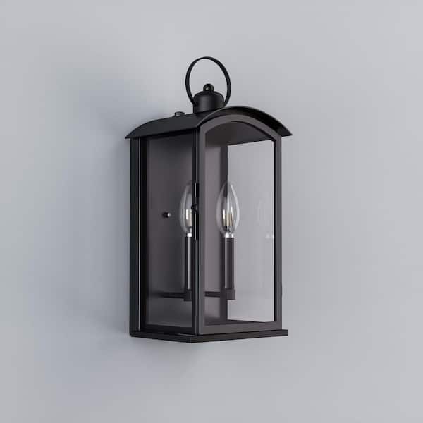 Montpelier 20 in. 2-Light Sand Grain Black Dusk to Dawn Outdoor Hardwired Wall Lantern Scone