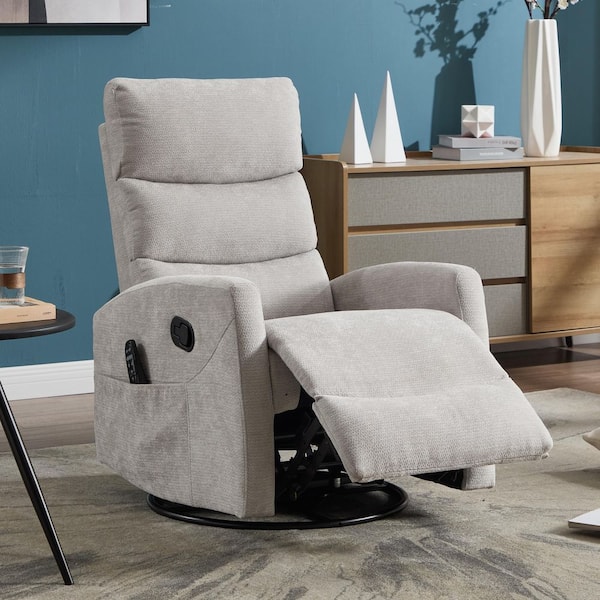 Light Grey Chenille Manual Swivel Recliner Rocker Chair with Massage and Heat, Side Pocket