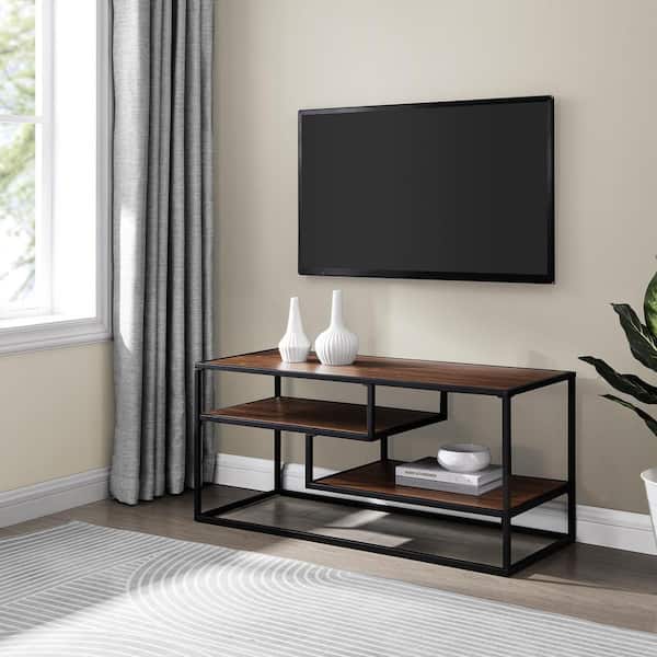 Walker Edison Furniture Company 40 in. Dark Walnut Wood and Metal Modern Open-Storage TV Stand for TVs Up 43 in.