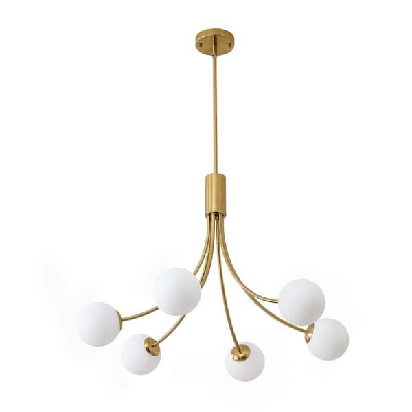 Vintage 6-Light Gold Sputnik Linear Chandelier with White Opal Glass Shades