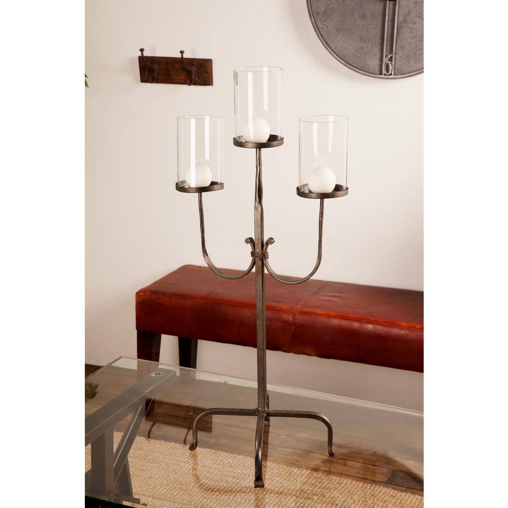 Black Iron 3-Light Hurricane Candelabra with Glass Shades