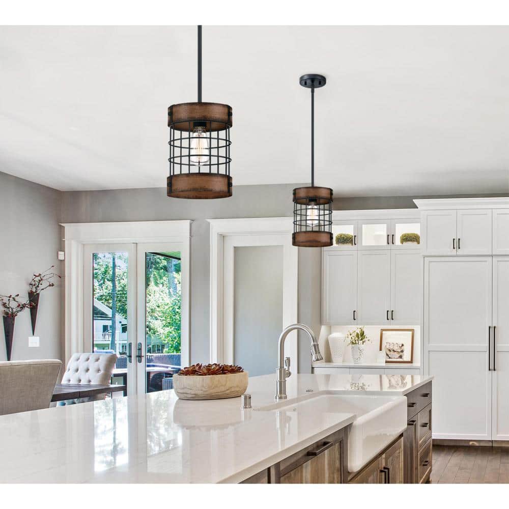 Langston Matte Black and Barnwood Cage Pendant Light