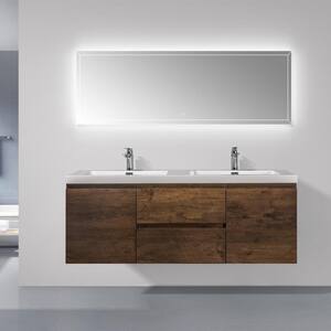 60 in. W x 19 in. D x 20 in. H Wall-Mounted Bath Vanity in Rose Wood with White Solid Surface Top with White Basin