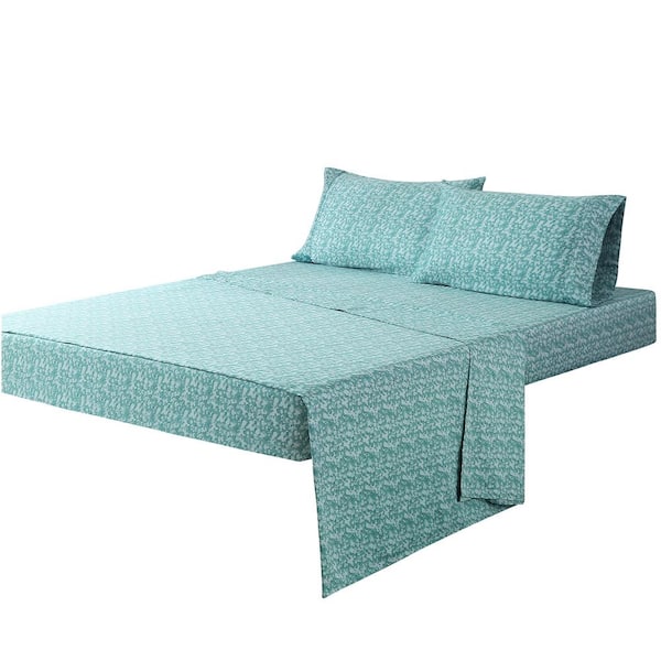 Sara B. Eucalyptus 4-Piece Teal Solid 300 Thread Count Cotton Queen Sheet Set