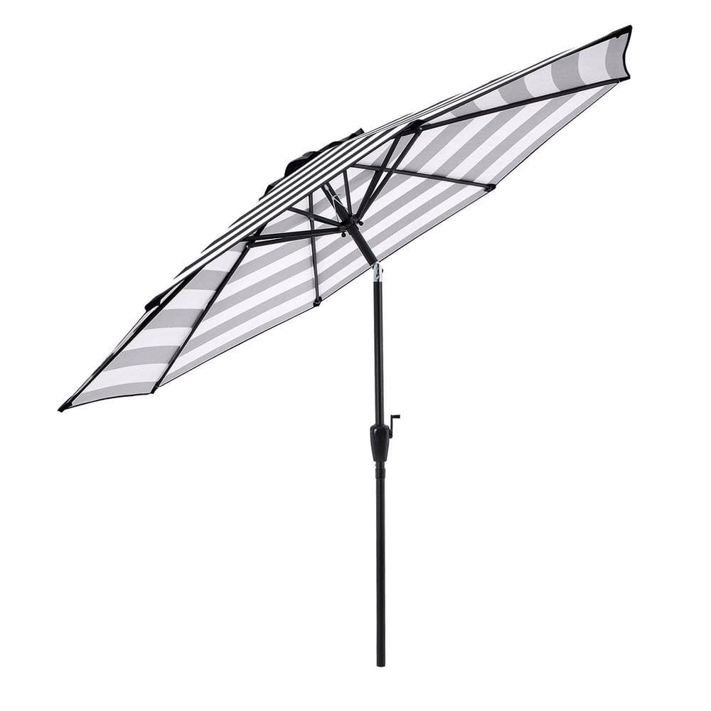 9 Ft Black and White Striped Outdoor Patio Umbrella with Tilt