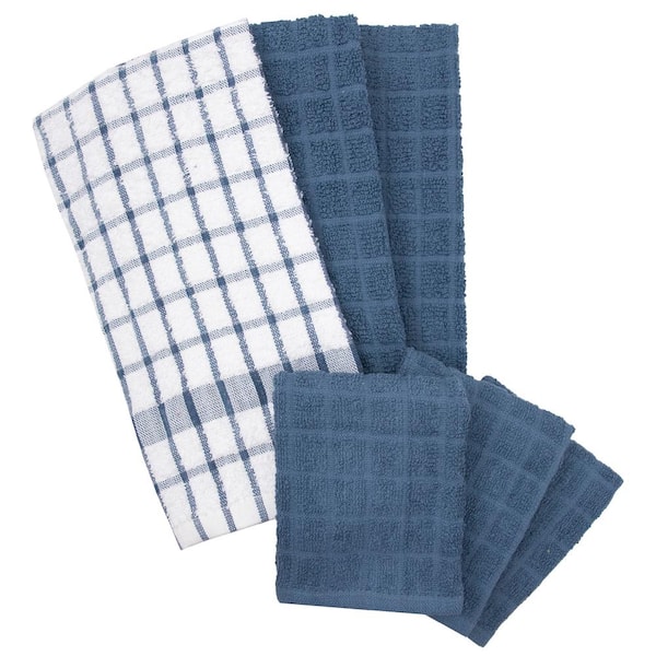 All Cotton and Linen Buffalo Plaid Kitchen Towels | Navy Blue and Cream Set of 3, Highly Absorbent Dish Towels