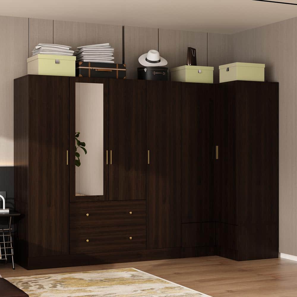 Brown Wood Grain 98.4 in. W 6-Door Corner Bedroom Wardrobe Armoire with Mirror, 4-Hanging Rods, 4-Drawer, Storage