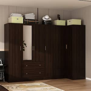 Brown Wood Grain 98.4 in. W 6-Door Corner Wardrobe Armoires With Mirror, 4 Hanging Rods, 4 Drawers, Storage Shelves