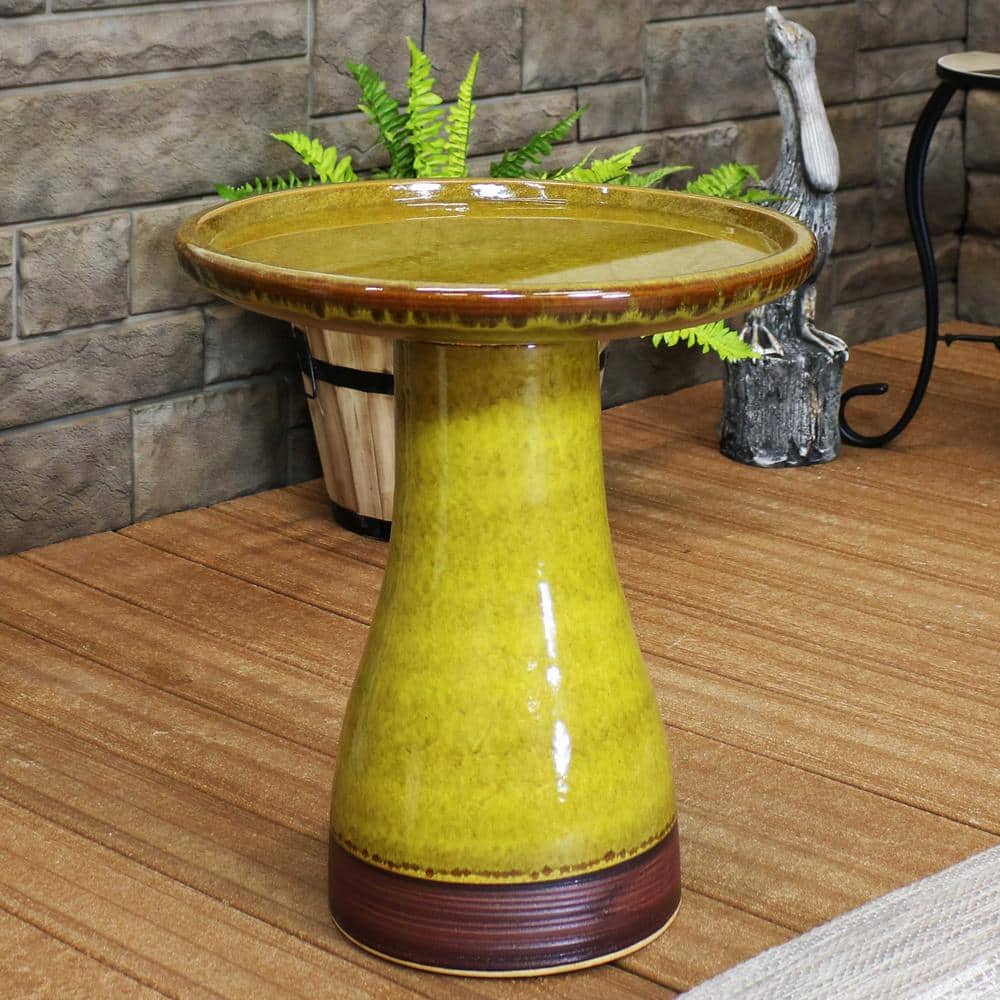 Cognac Yellow Ceramic Bird Bath with Ribbed Pedestal