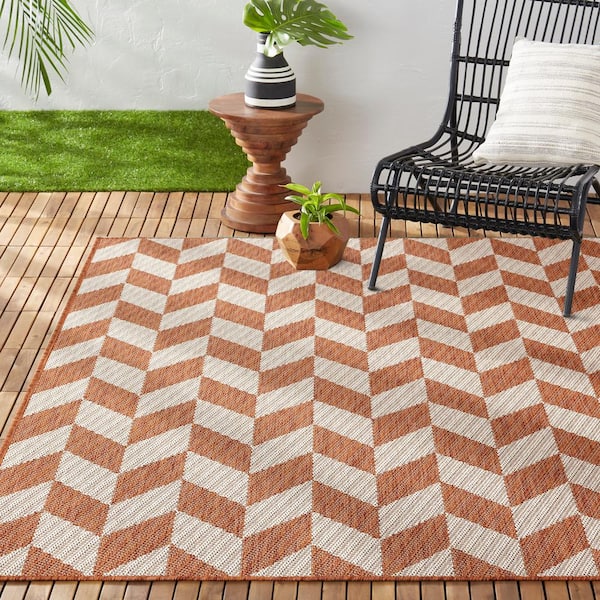 Patio Country Calla Orange/Ivory 8 ft. x 10 ft. Herringbone Indoor/Outdoor Area Rug