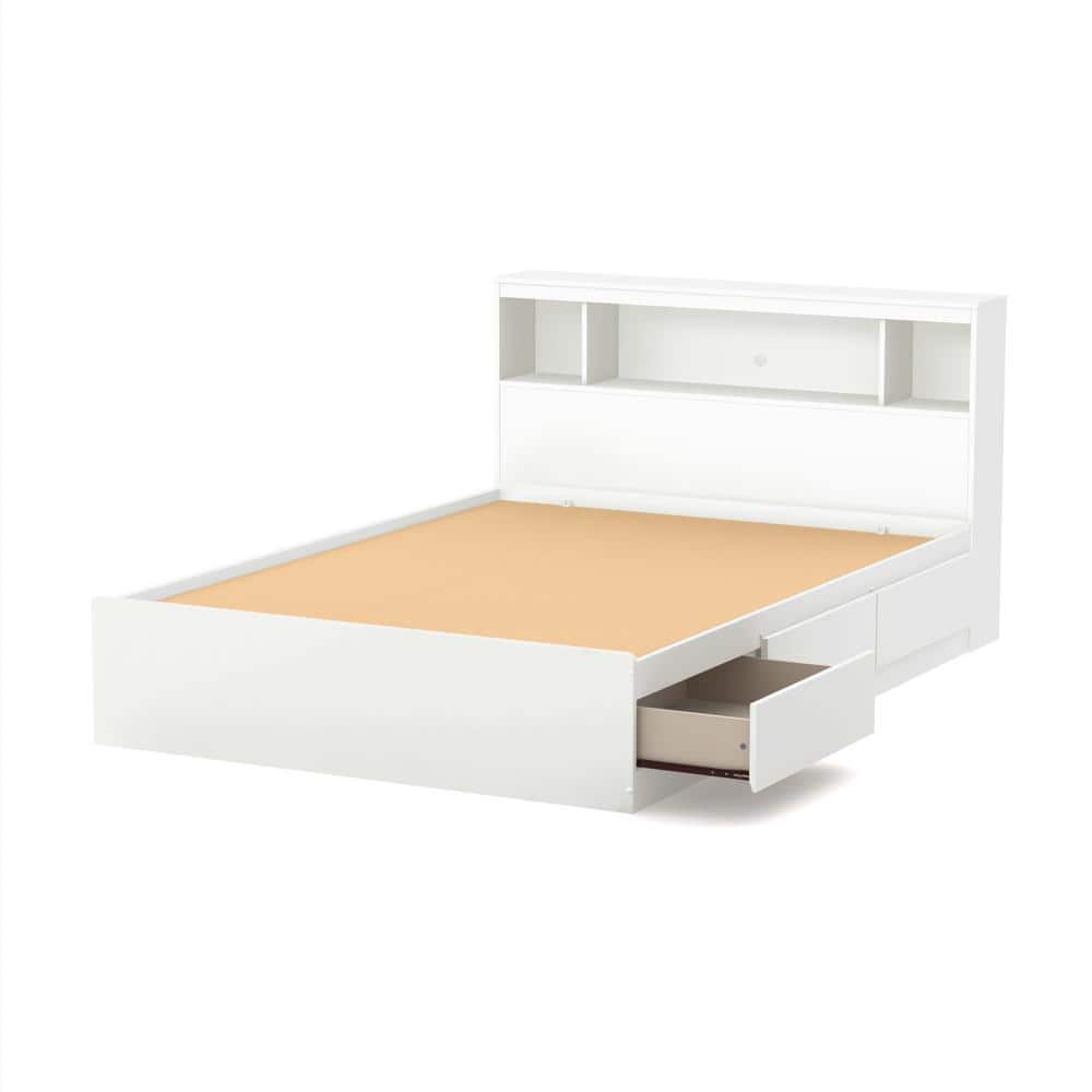 Full White Wood Captain's Bed with 3 Drawers and Bookcase Headboard